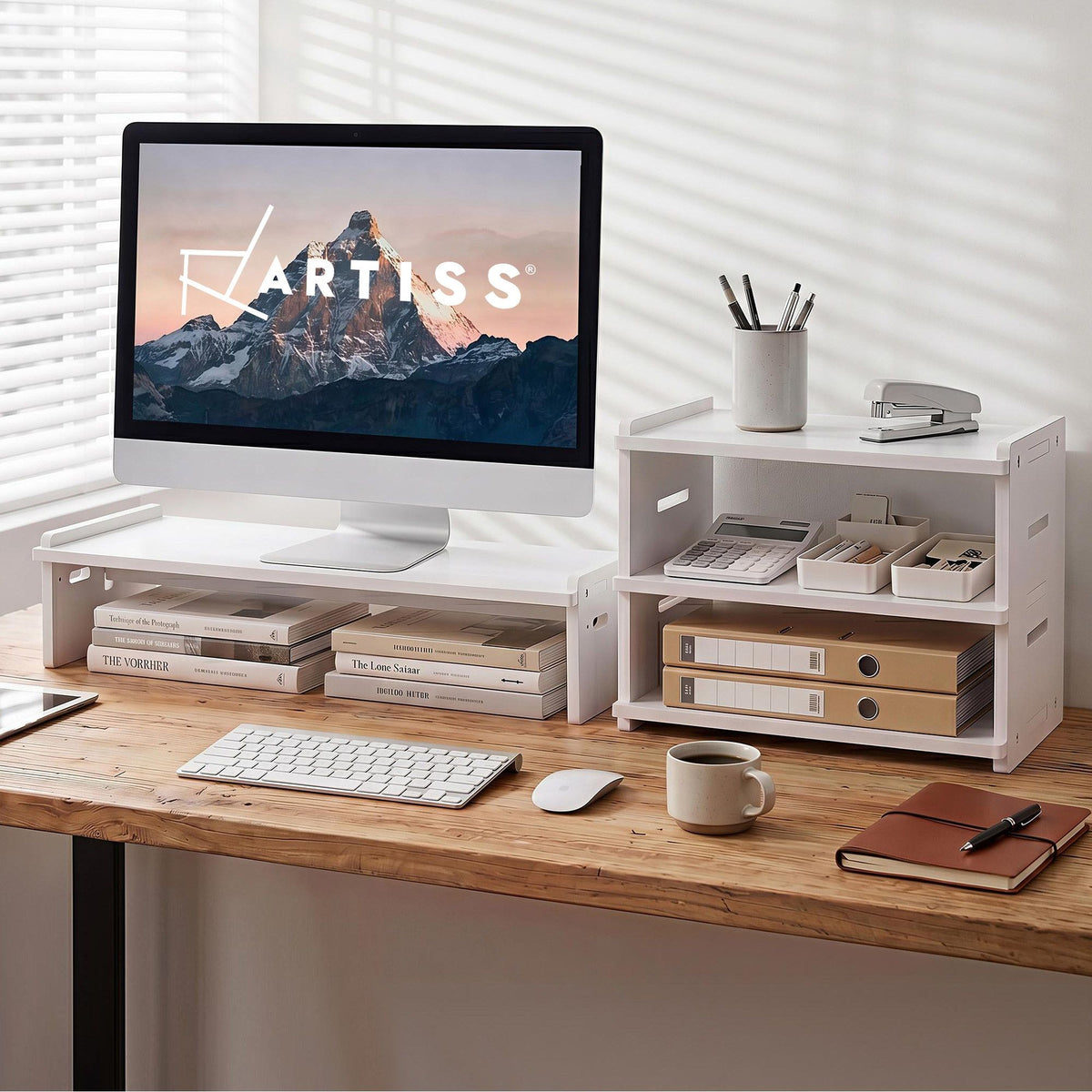 Artiss Monitor Stand and 3-Tier Desk Organiser, PVC Desktop and Shelf Holds 20kg