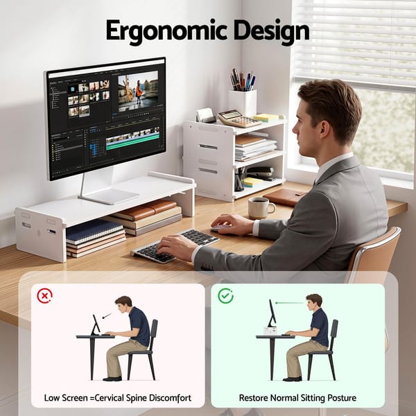Artiss Monitor Stand and 3-Tier Desk Organiser 2-in-1 Modular PVC Desktop Shelf Holds 20kg