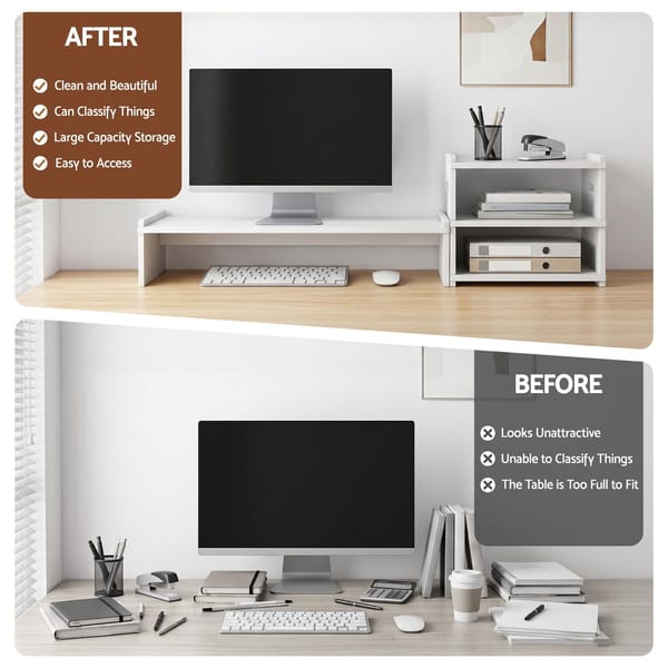 Artiss Monitor Stand and 3-Tier Desk Organiser 2-in-1 Modular PVC Desktop Shelf Holds 20kg