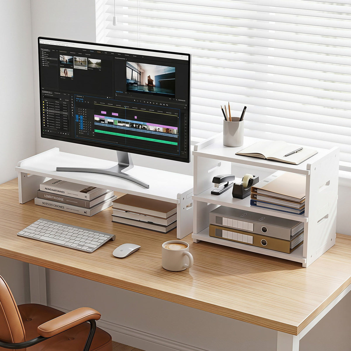 Artiss Monitor Stand and 3-Tier Desk Organiser, PVC Desktop and Shelf Holds 20kg