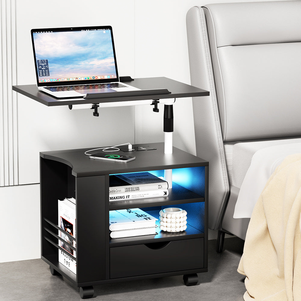 Artiss Bedside Table USB Charging with LED Adjustable Laptop Tray with Anti-Slip Support
