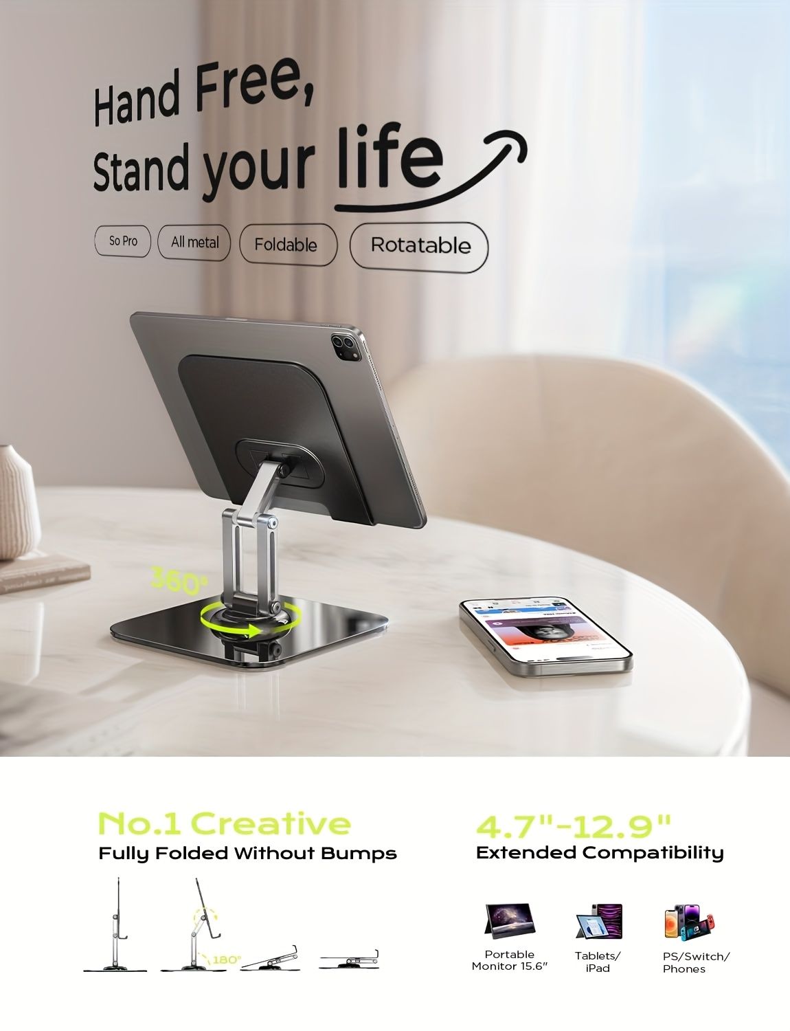 Black Silver Laptop Stand, 360 Degree Rotatable, Ergonomic and Adjustable