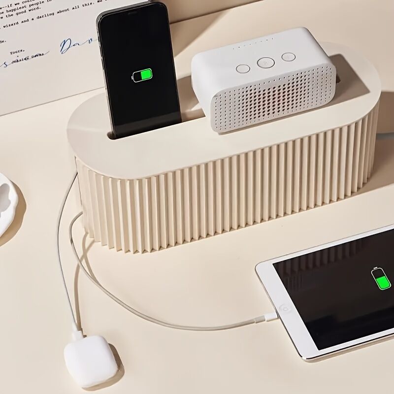 Light Khaki One Lidded Cable Management Box — Suitable for Desk and TV Cables, Perfect for Home Office, Gaming Setups, and Living Room Storage