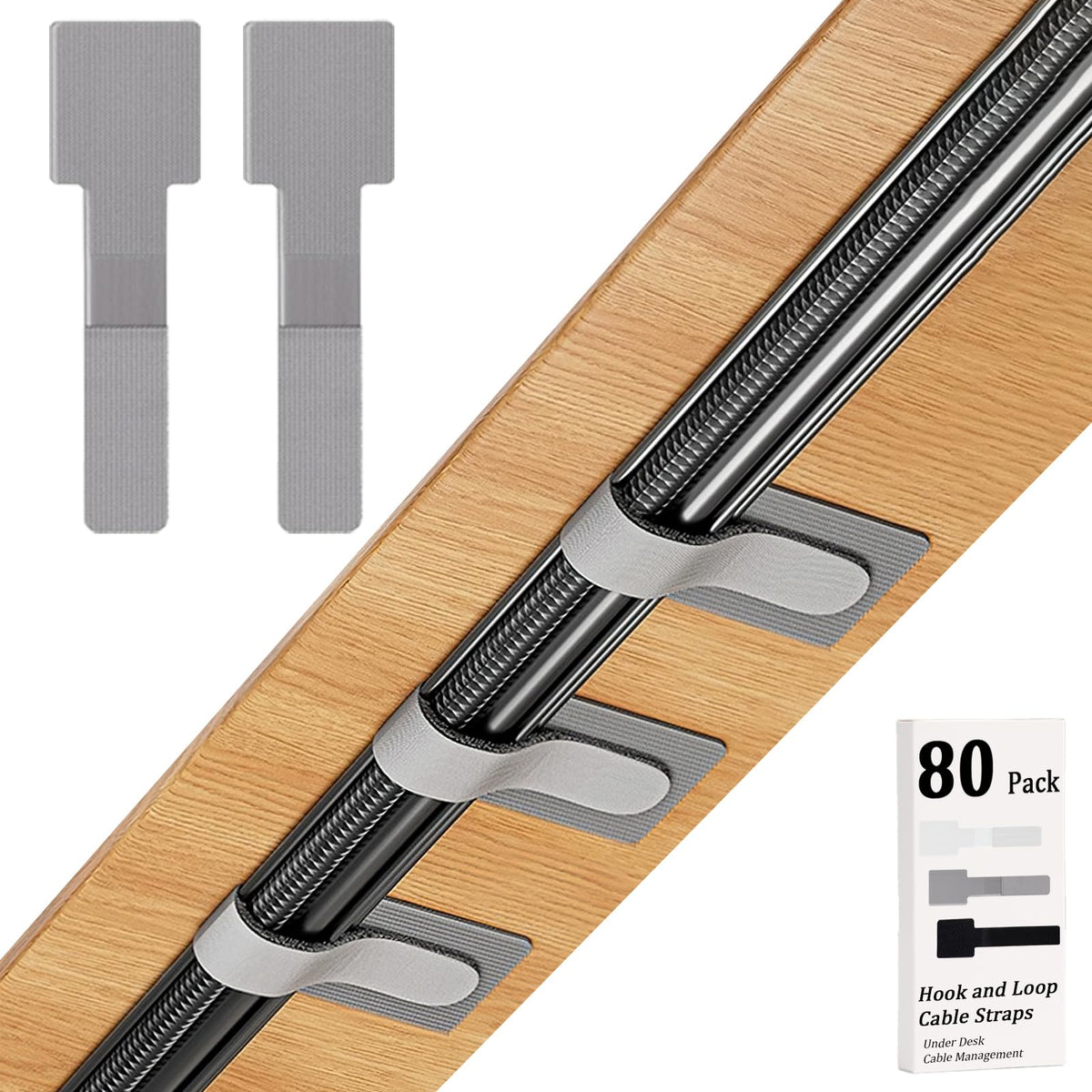 80 Pieces Grey Self-Adhesive Cable Clips and Ties for Desk Cable Management, Gaming Setups and Home Office