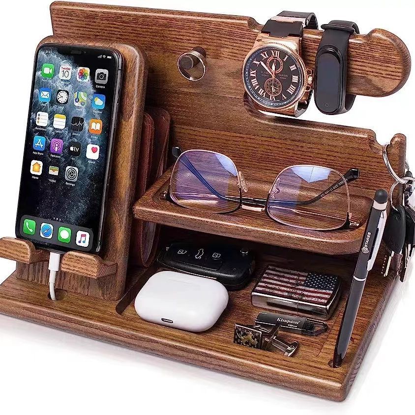 Solid wood mobile phone stand, desktop creative storage rack, multifunctional for hanging watches, glasses, keys