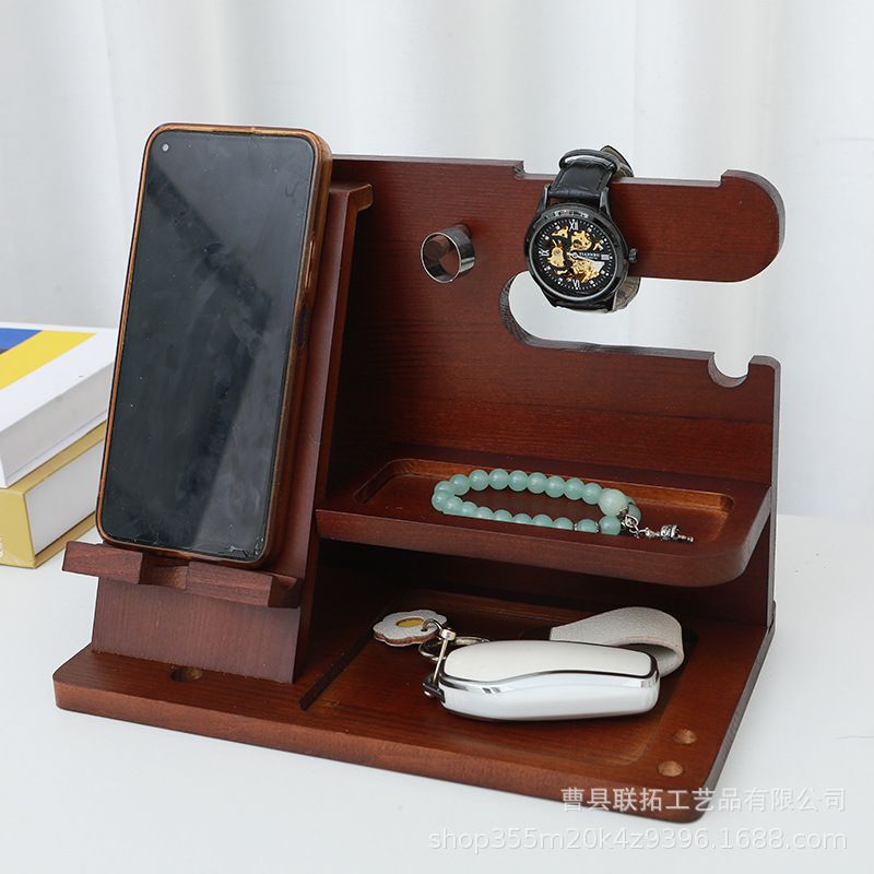 Solid wood mobile phone stand, desktop creative storage rack, multifunctional for hanging watches, glasses, keys