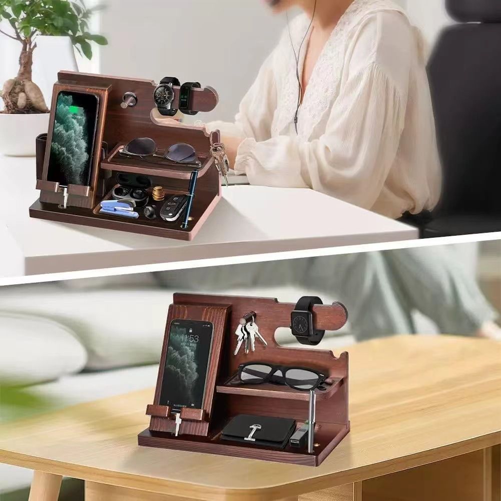 Solid wood mobile phone stand, desktop creative storage rack, multifunctional for hanging watches, glasses, keys
