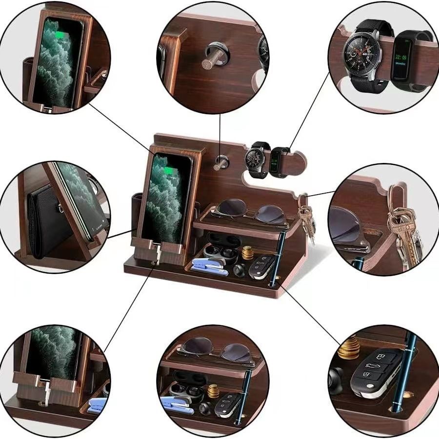 Solid wood mobile phone stand, desktop creative storage rack, multifunctional for hanging watches, glasses, keys
