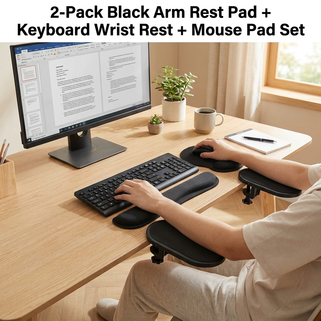 4-Piece Black Ergonomic Desk Arm Rest & Wrist Support Set with 2 Pack Clamp-On 180° Rotating Arm Rests