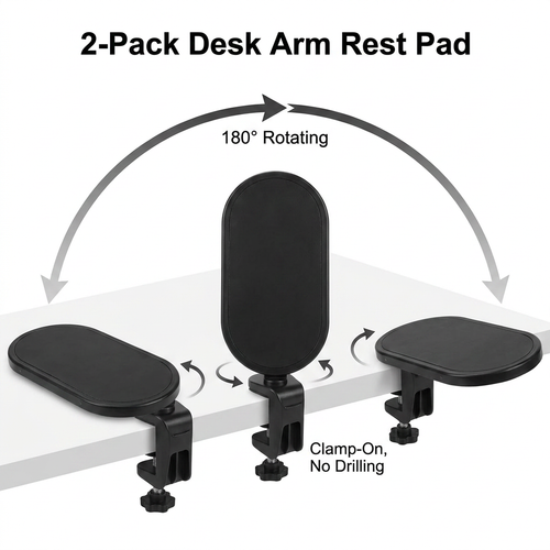 4-Piece Black Ergonomic Desk Arm Rest & Wrist Support Set with 2 Pack Clamp-On 180° Rotating Arm Rests